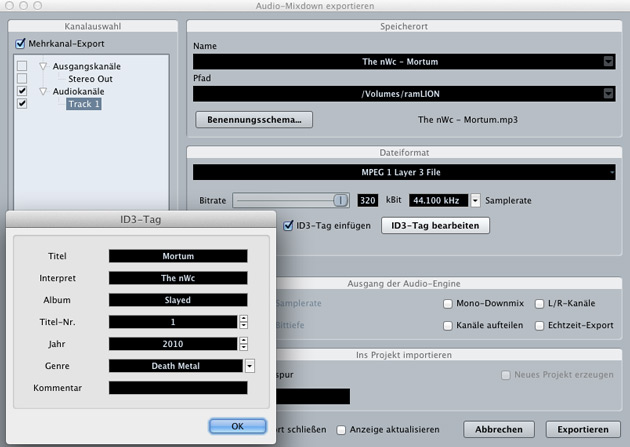 MP3 Export mit ID3 Tag Editor in Cubase